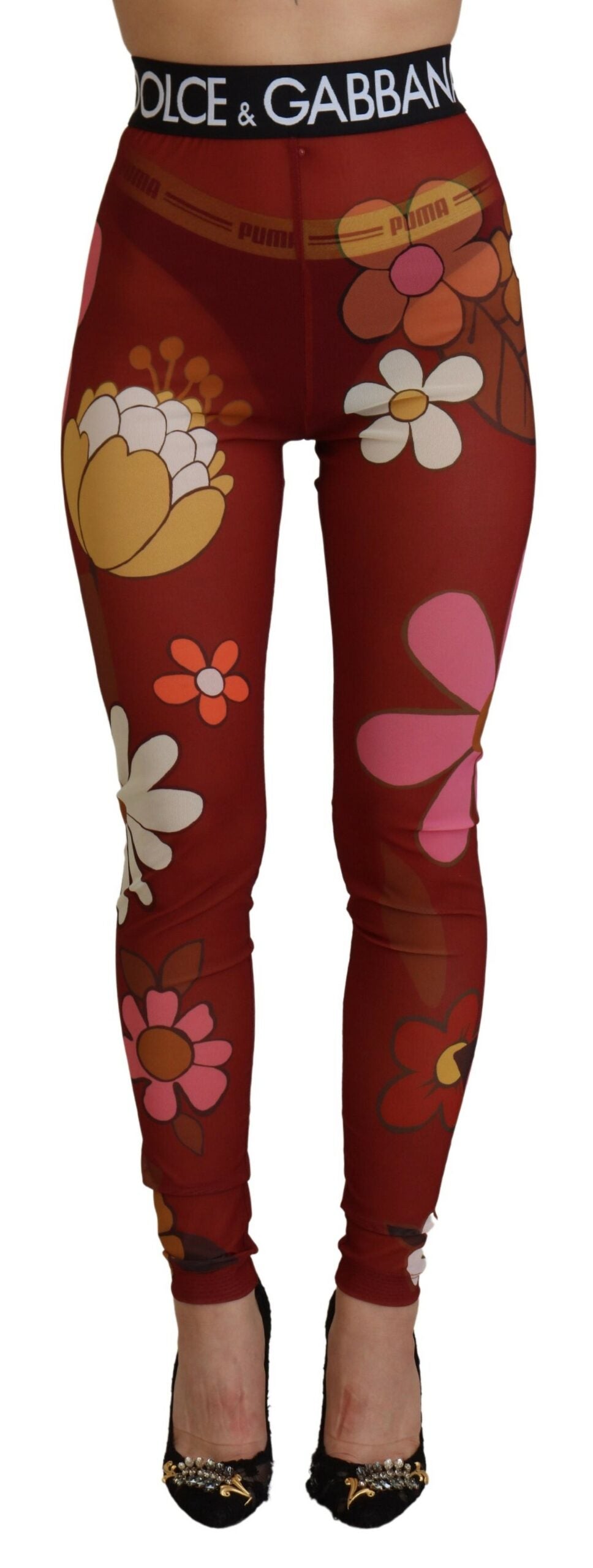 Dolce & Gabbana Red Floral Leggings Stretch Waist Pants