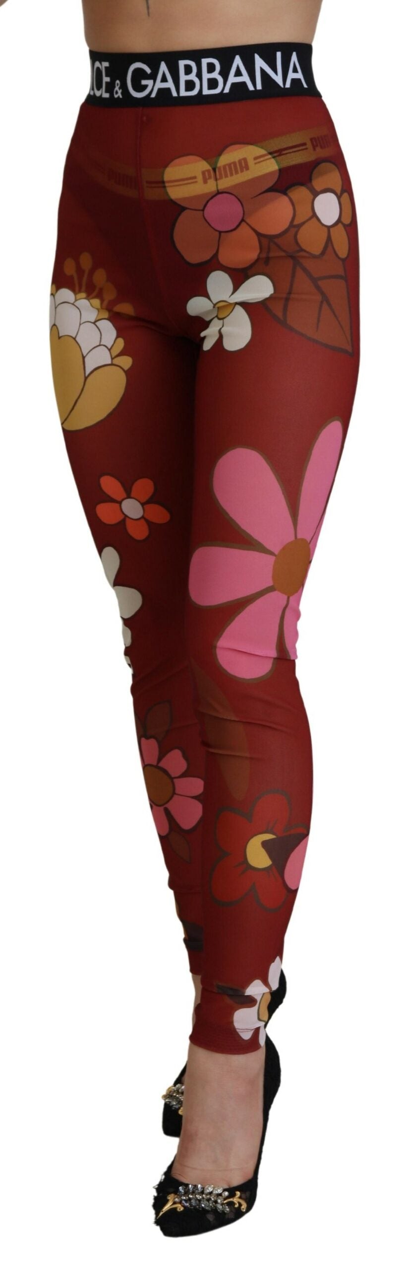 Dolce & Gabbana Red Floral Leggings Stretch Waist Pants