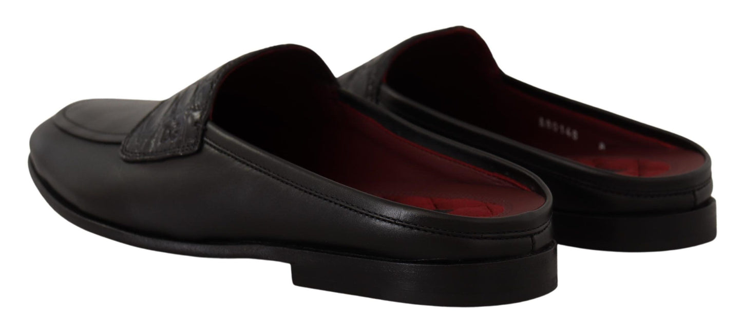 Dolce & Gabbana Black Leather Caiman Sandals Slides Slip Shoes