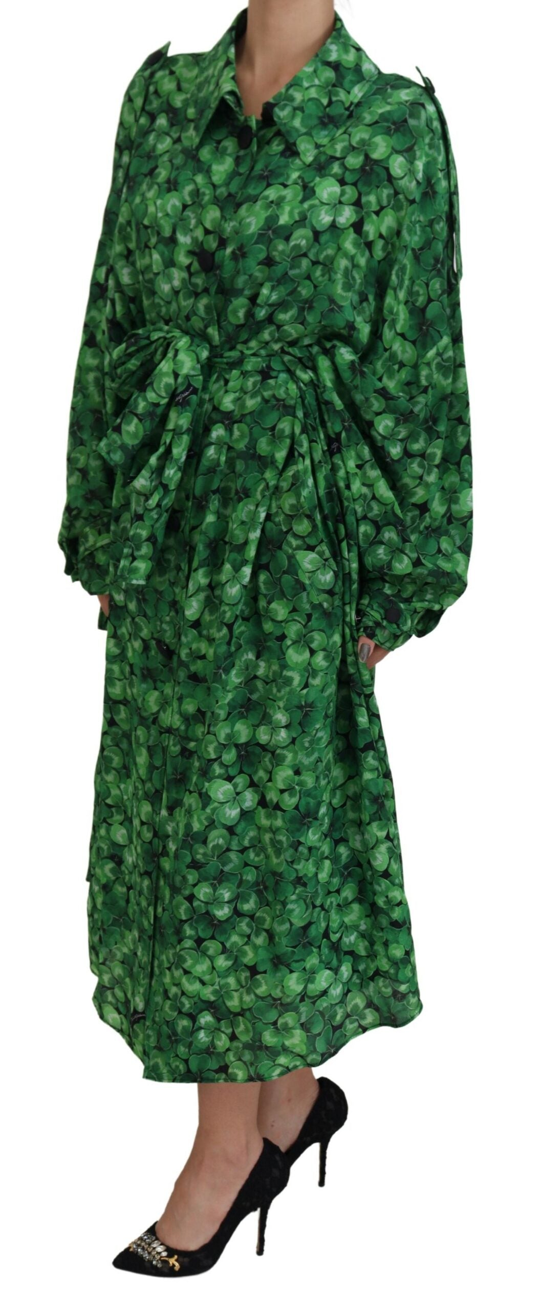 Dolce & Gabbana Green Leaves Print Silk Trench Coat Jacket