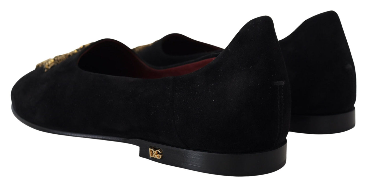 Dolce & Gabbana Black Suede Gold Cross Slip On Loafers Shoes