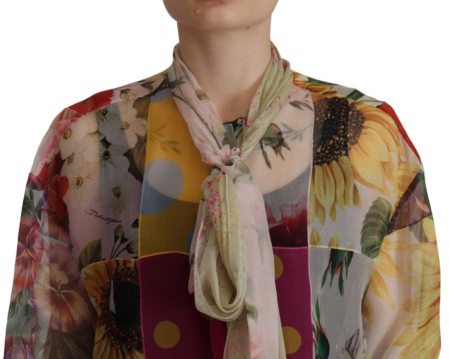 Dolce & Gabbana Multicolor Ascot Collar Patchwork Blouse Top