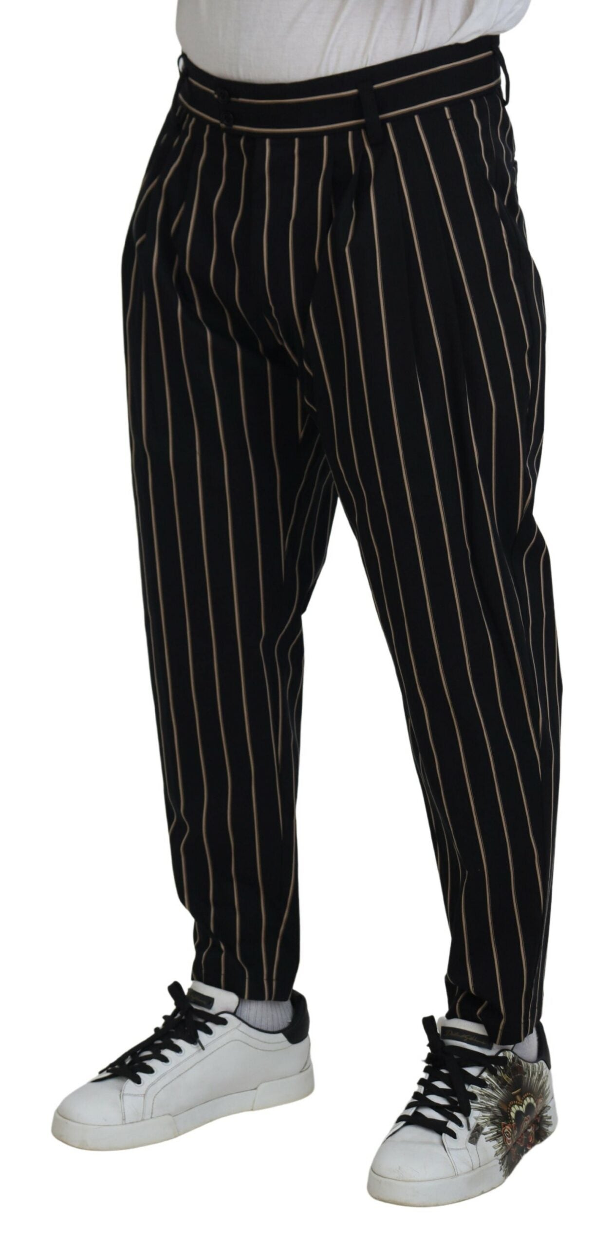 Dolce & Gabbana Black Beige Striped Cotton Stretch Pants