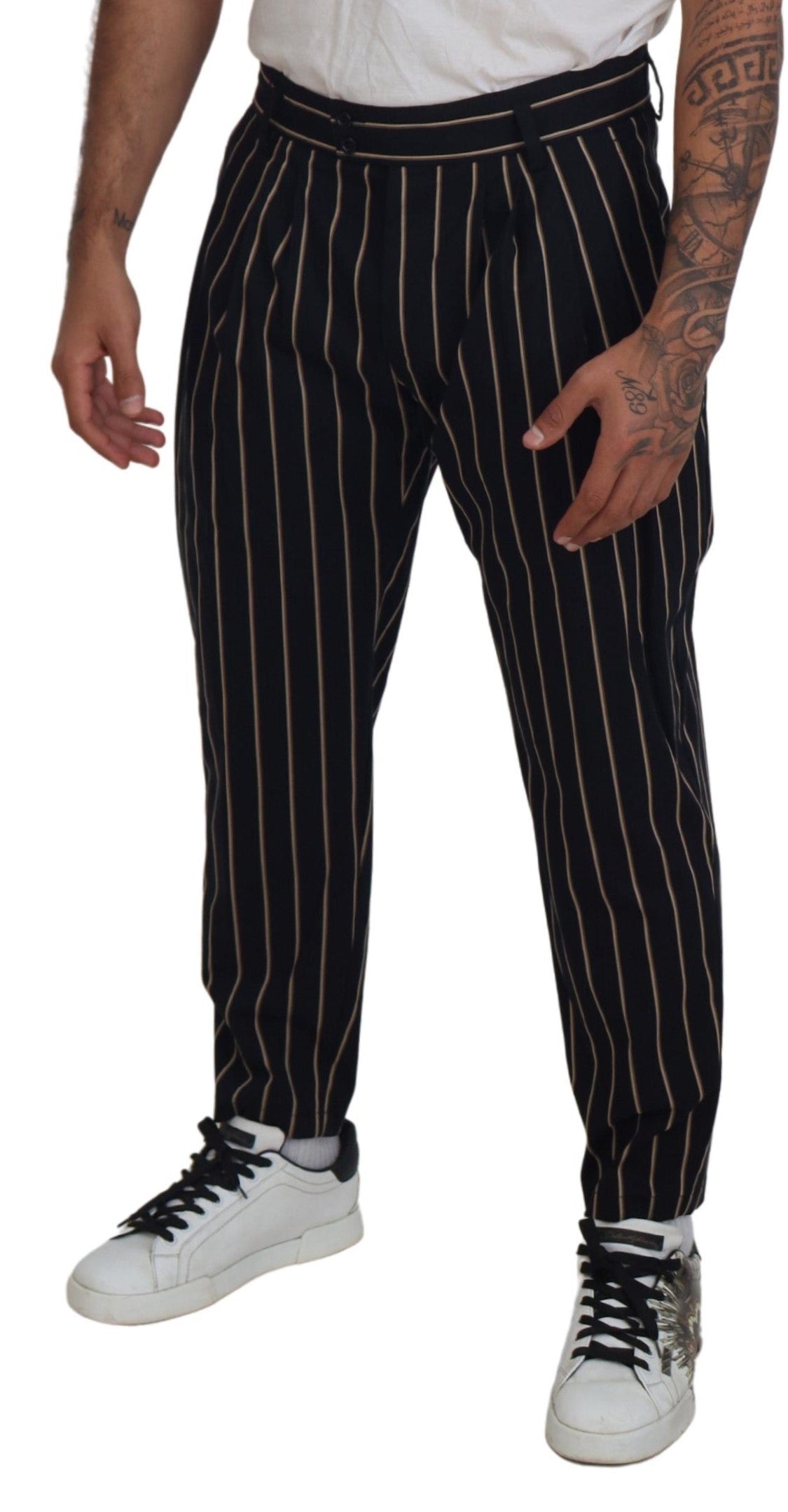 Dolce & Gabbana Black Beige Striped Cotton Stretch Pants