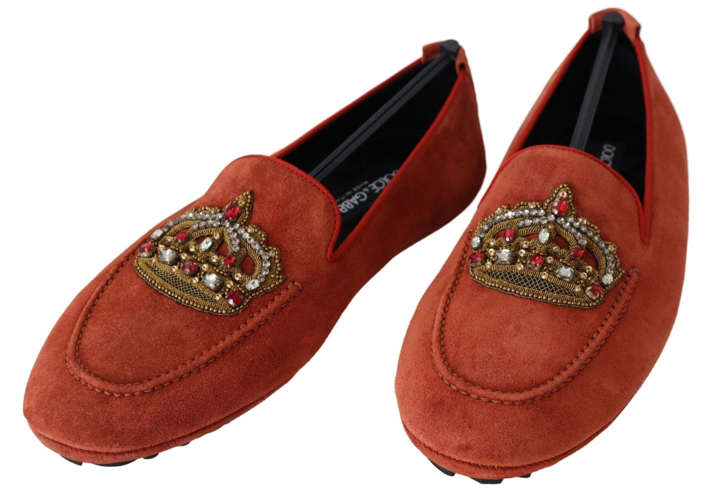Dolce & Gabbana Orange Leather Crystal Crown  Loafers Shoes