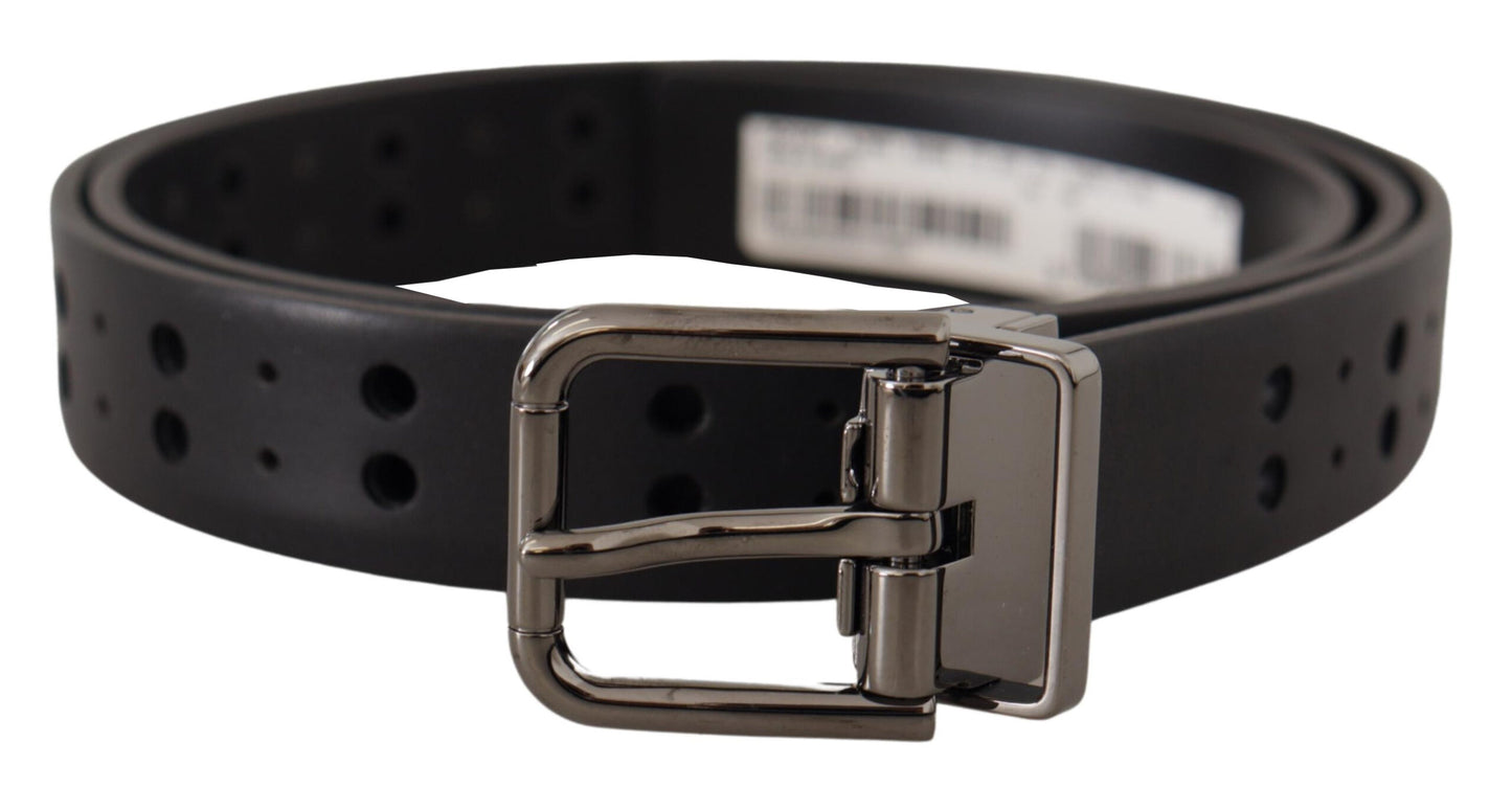 Dolce & Gabbana Black Leather Perforated Crown Belt