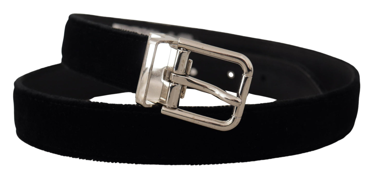 Dolce & Gabbana Black Velvet Silver Tone Metal Logo Buckle Belt