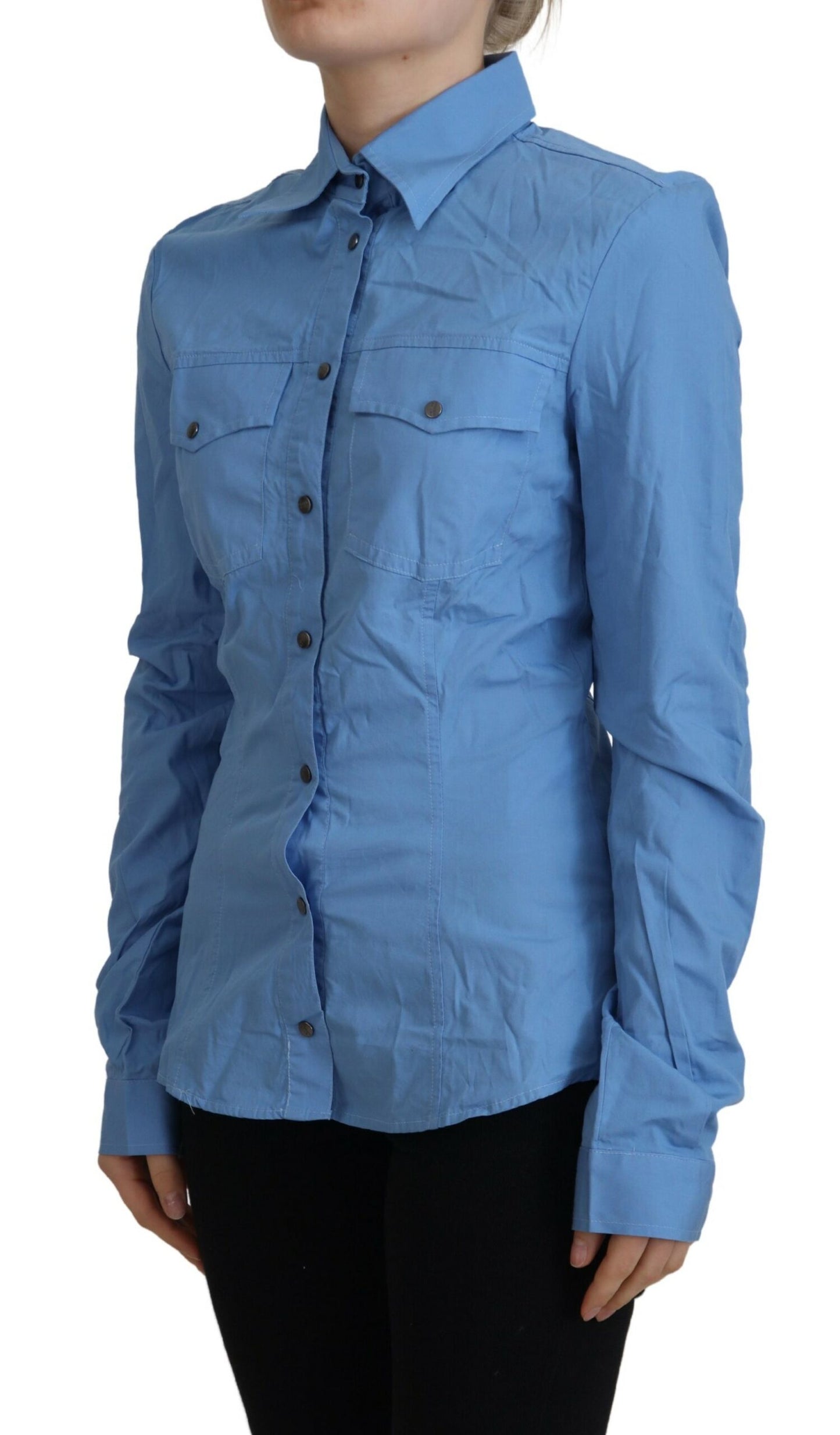 Ferre Blue Cotton Long Sleeves Collared Button Down Top