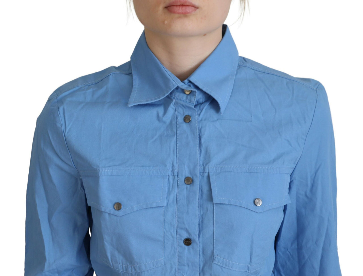 Ferre Blue Cotton Long Sleeves Collared Button Down Top