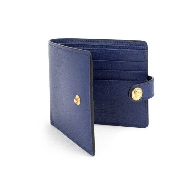 Versace Navy Blue Compact Smooth Leather Gold Toned Medusa Snap Bifold Wallet