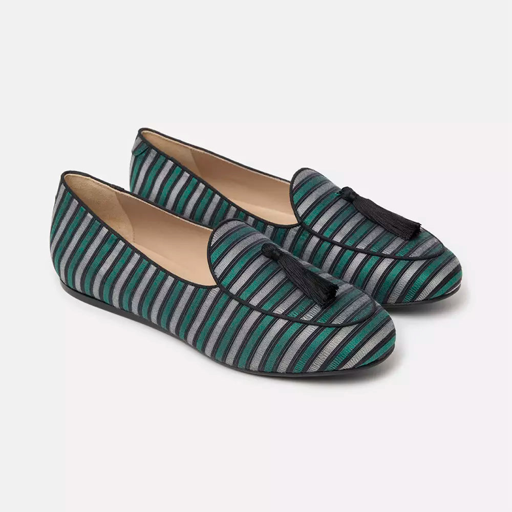 Charles Philip Elegant Striped Silk Loafers with Tassel Detail