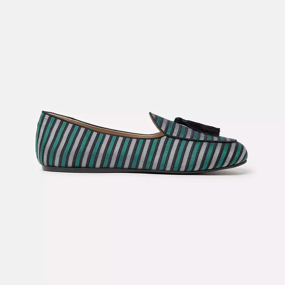 Charles Philip Elegant Striped Silk Loafers with Tassel Detail