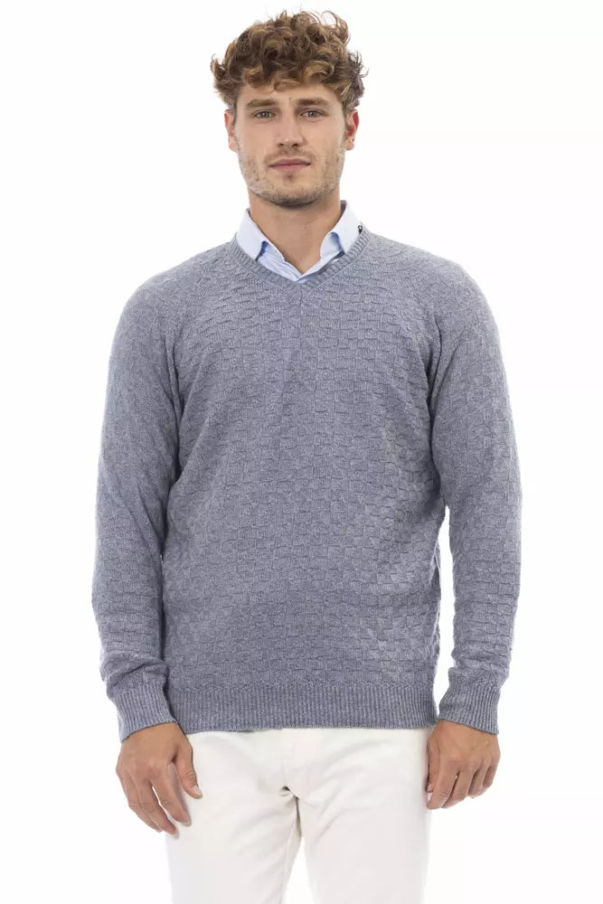 Alpha Studio Elegant Light Blue V-Neck Sweater for Men