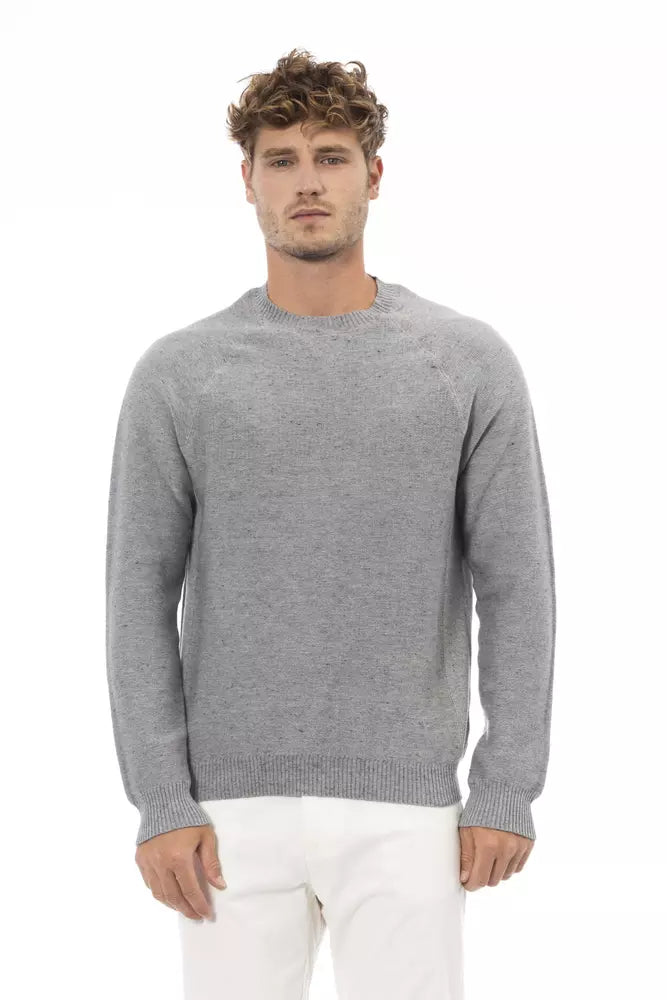 Alpha Studio Elegant Crewneck Cotton-Cashmere Sweater in Gray