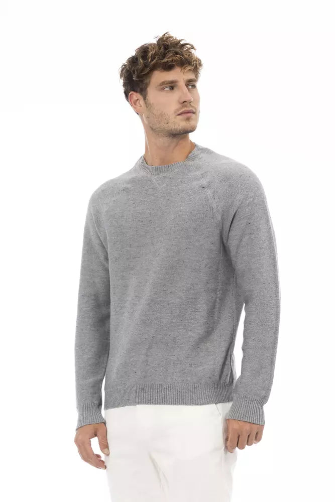 Alpha Studio Elegant Crewneck Cotton-Cashmere Sweater in Gray