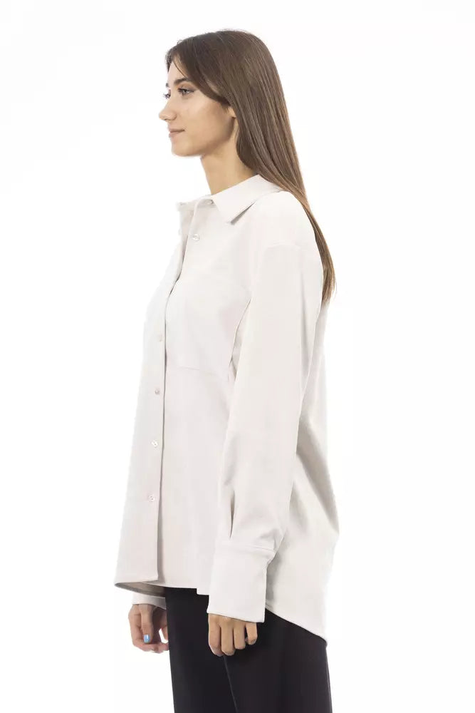 Alpha Studio Chic White Button-Up Shirt with Front Pocket