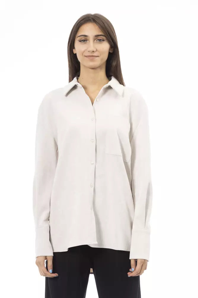 Alpha Studio Chic White Button-Up Shirt with Front Pocket
