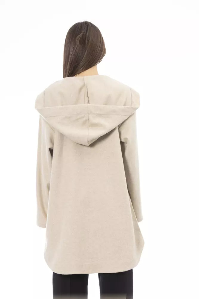 Alpha Studio Beige Wool-Blend Hooded V-Neck Long Sweater