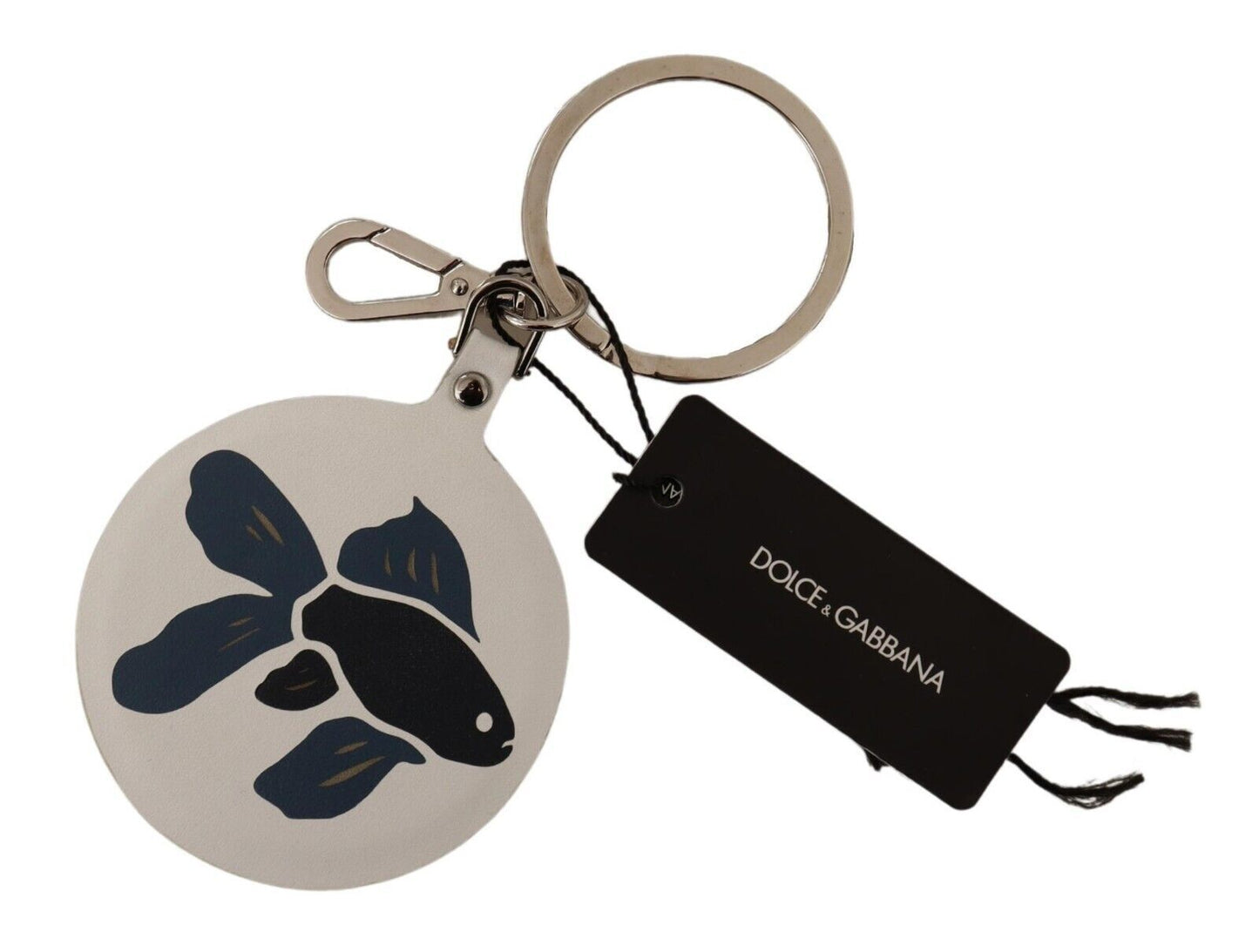 Dolce & Gabbana White Leather Fish Metal Silver Tone Keyring Keychain