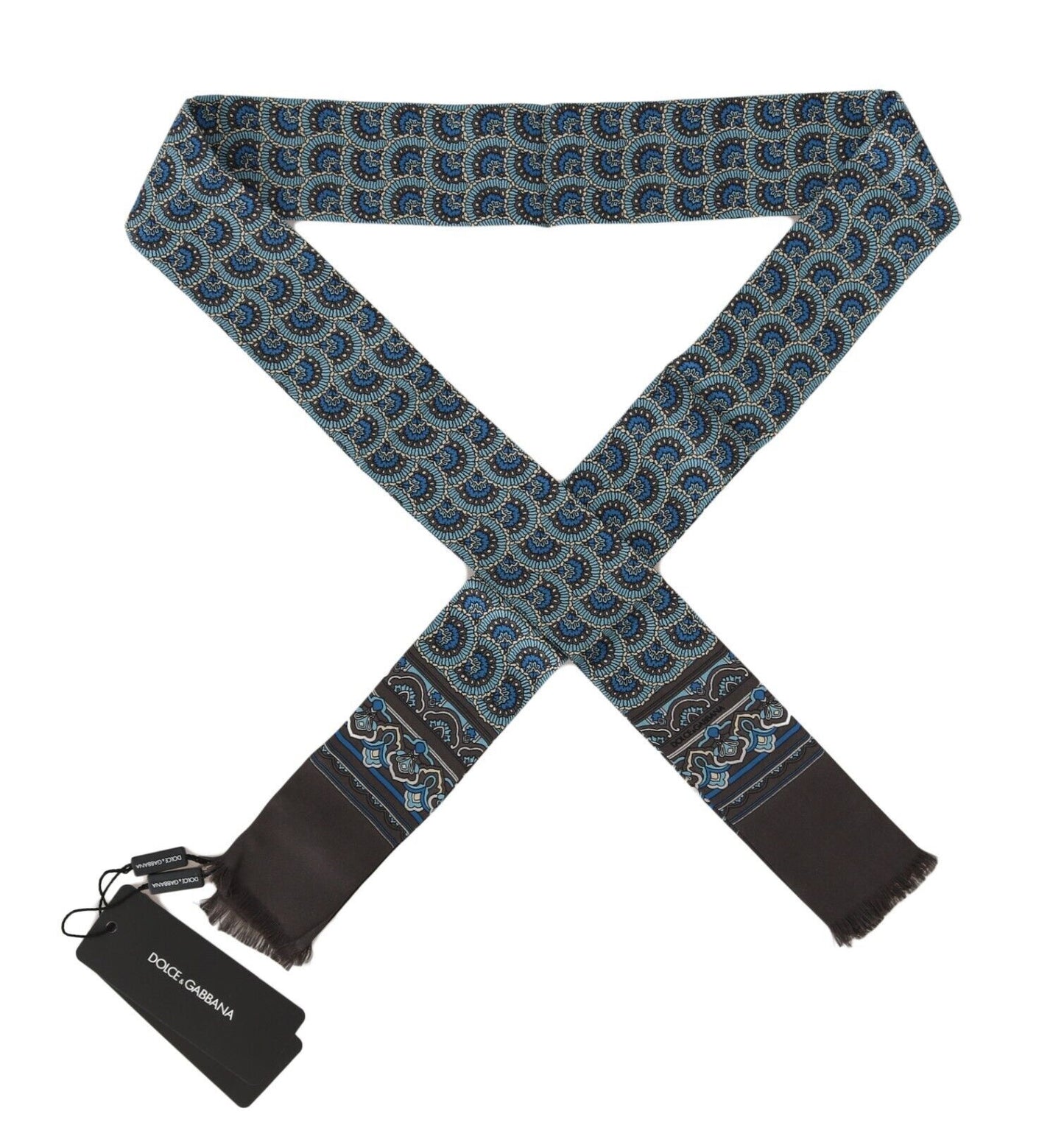 Dolce & Gabbana Blue Patterned Silk Slim Wrap Fringes Scarf