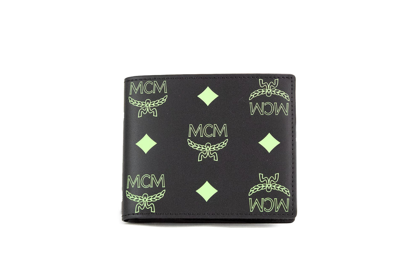 MCM Small Black Summer Green Smooth Visetos Monogram Logo Leather Bifold Wallet